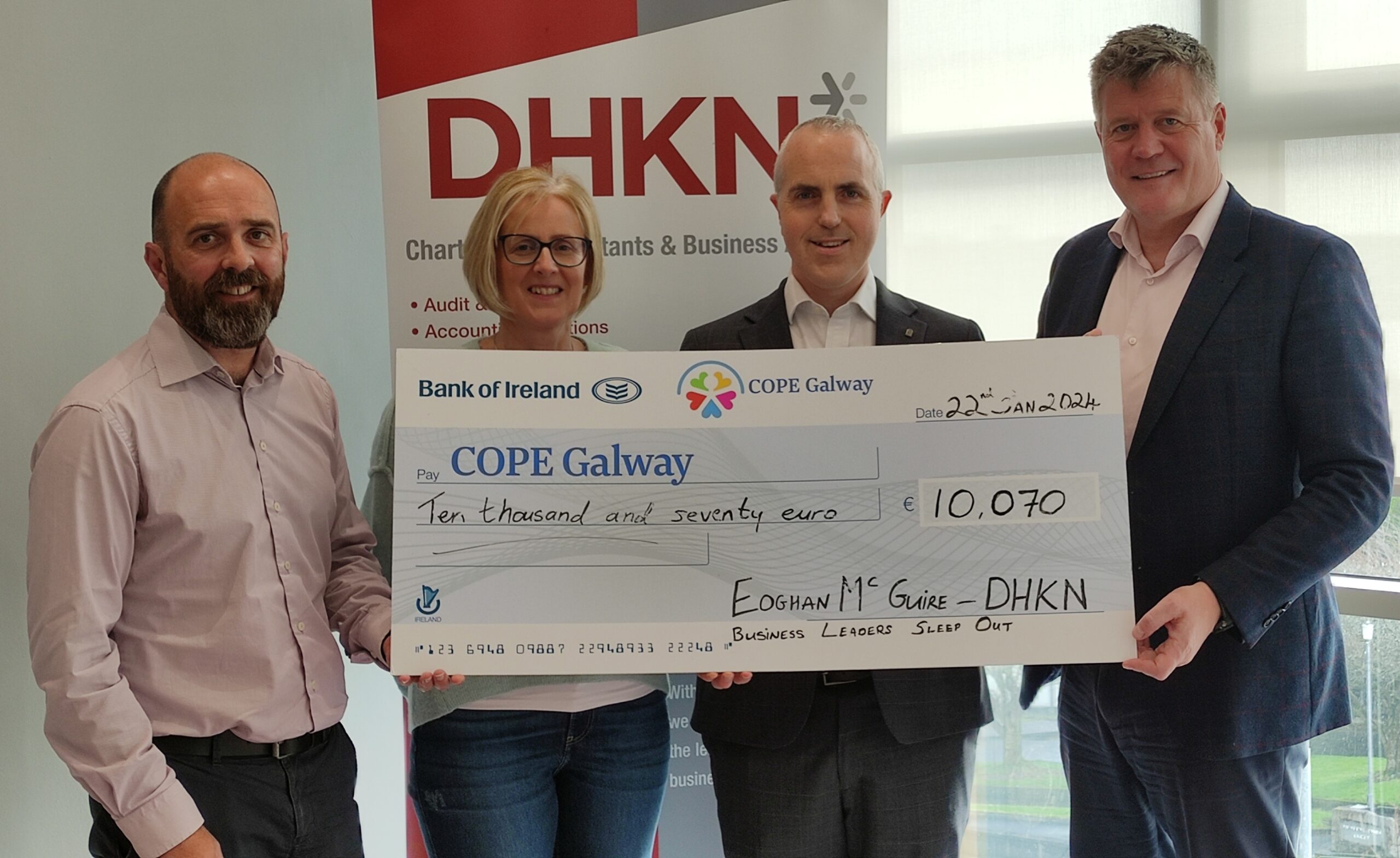 Eoghan McGuire of DHKN took part in the Cope Galway Business Leaders Sleep Out to raise funds for Cope's homelessness activities. Eoghan has so far raised over €10,000 for Cope. Pictured are: (L to R) Stephen Crowley, Partner at DHKN; Sharon Fitzpatrick, Head of Development at Cope Galway; Eoghan McGuire, Associate Director at DHKN; and Mark Gibbs, Partner at DHKN